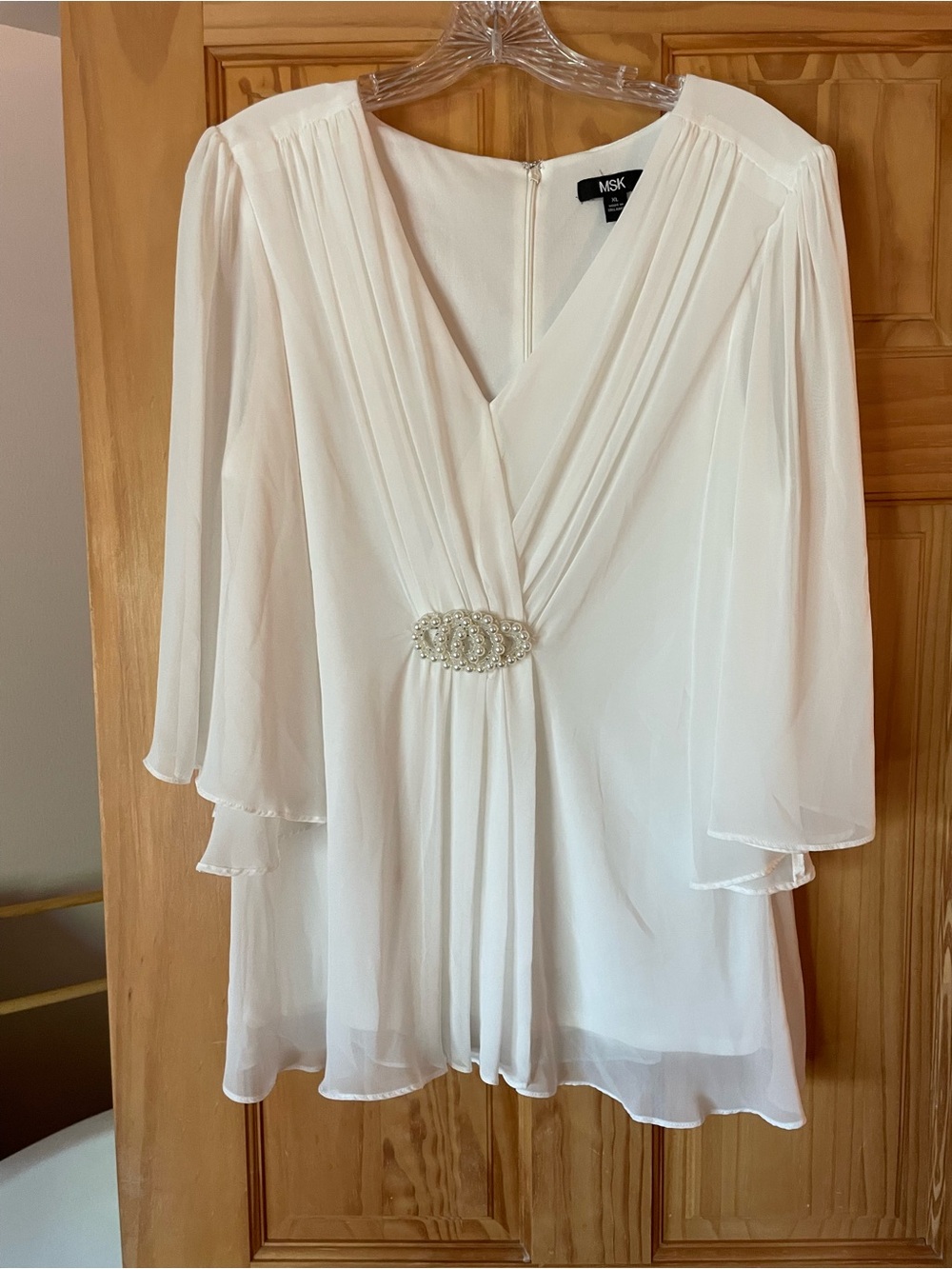 MSK Cream V-Neck Chiffon Blouse with Jeweled Waist